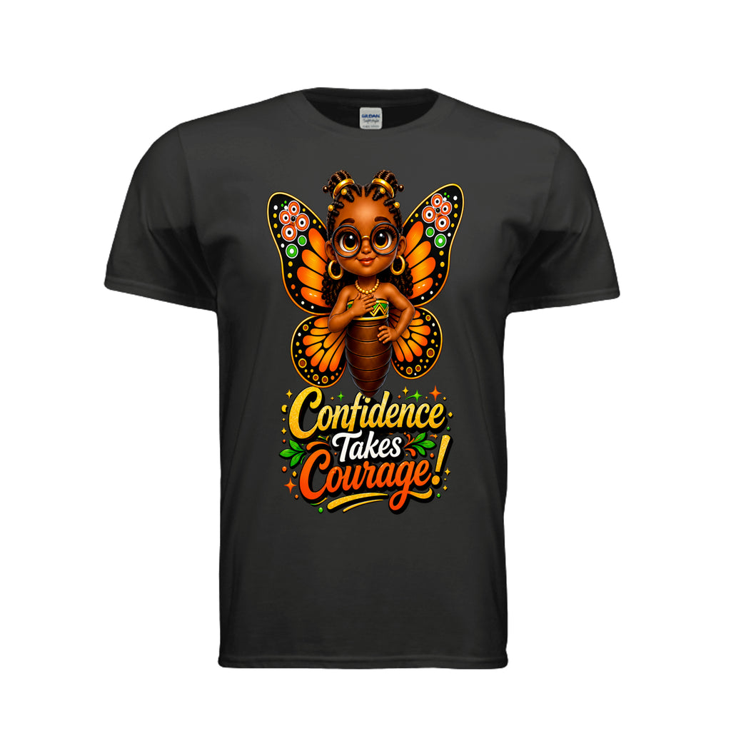 The Butta-Fly’s Confidence Takes Courage adult graphic T-shirt with orange black wings glasses and confident character