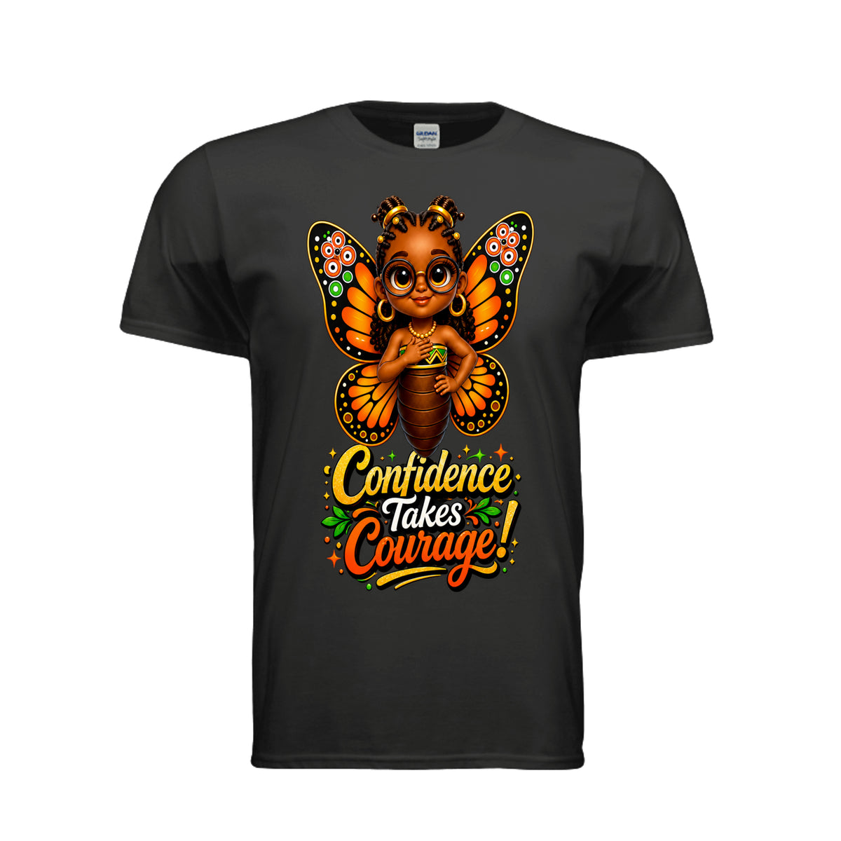 The Butta-Fly’s Confidence Takes Courage adult graphic T-shirt with orange black wings glasses and confident character