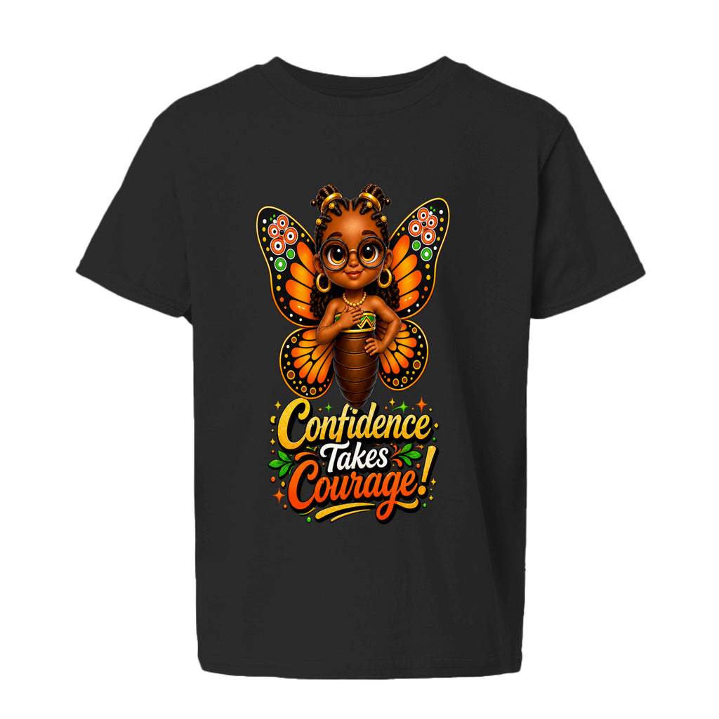 The Butta-Fly’s Confidence Takes Courage kids graphic T-shirt with orange black wings glasses and confident character