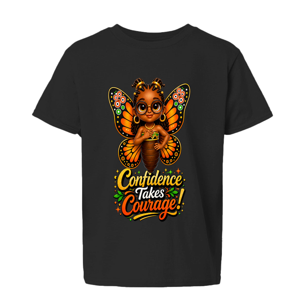 The Butta-Fly’s Confidence Takes Courage kids graphic T-shirt with orange black wings glasses and confident character