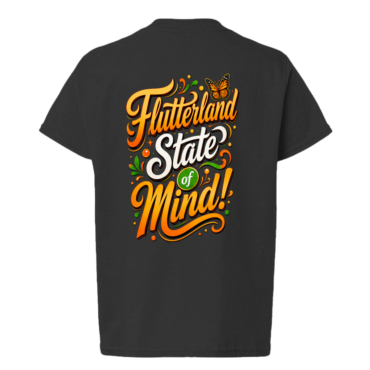 The Butta-Fly’s Flutterland State of Mind kids shirt back graphic in orange white and green with butterfly