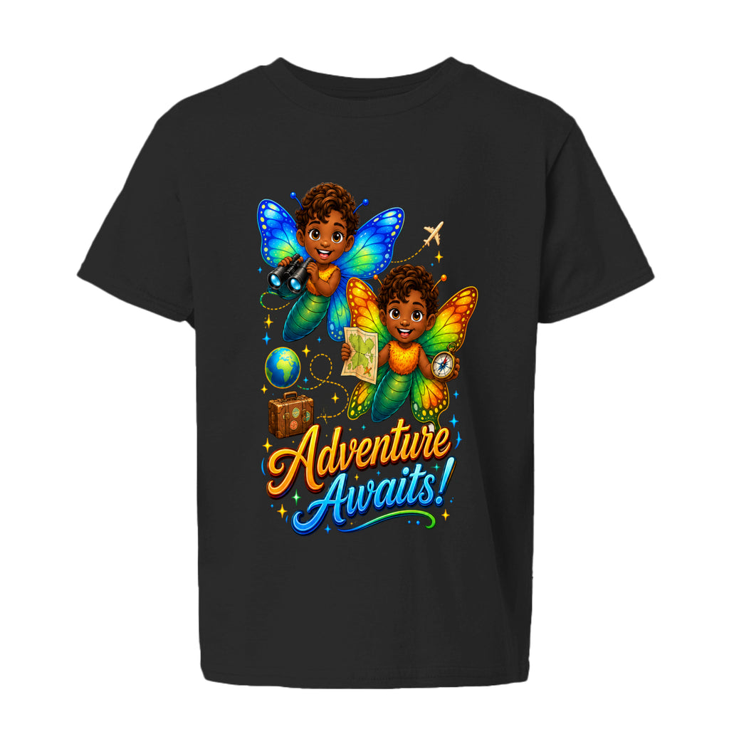 The Butta-Fly’s Adventure Awaits kids graphic T-shirt with butterfly explorers binoculars map compass globe and suitcase