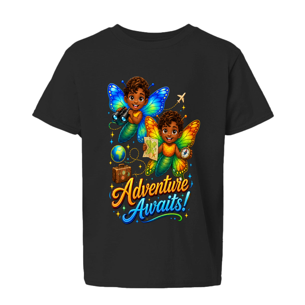 The Butta-Fly’s Adventure Awaits kids graphic T-shirt with butterfly explorers binoculars map compass globe and suitcase