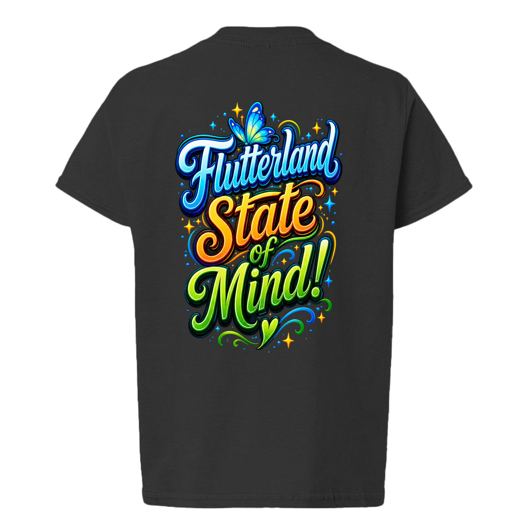 The Butta-Fly’s Flutterland State of Mind kids shirt back graphic in blue orange and green with butterfly