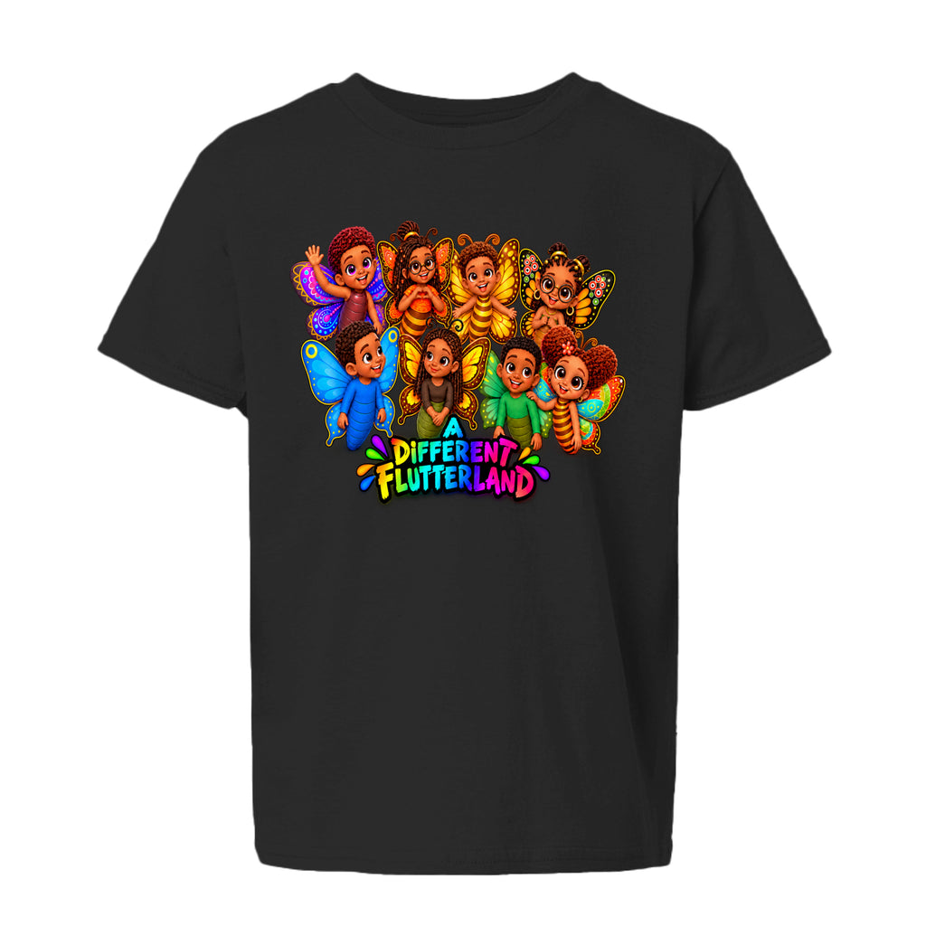 The Butta-Fly’s A Different Flutterland kids graphic tee with colorful butterfly characters and rainbow retro-style lettering
