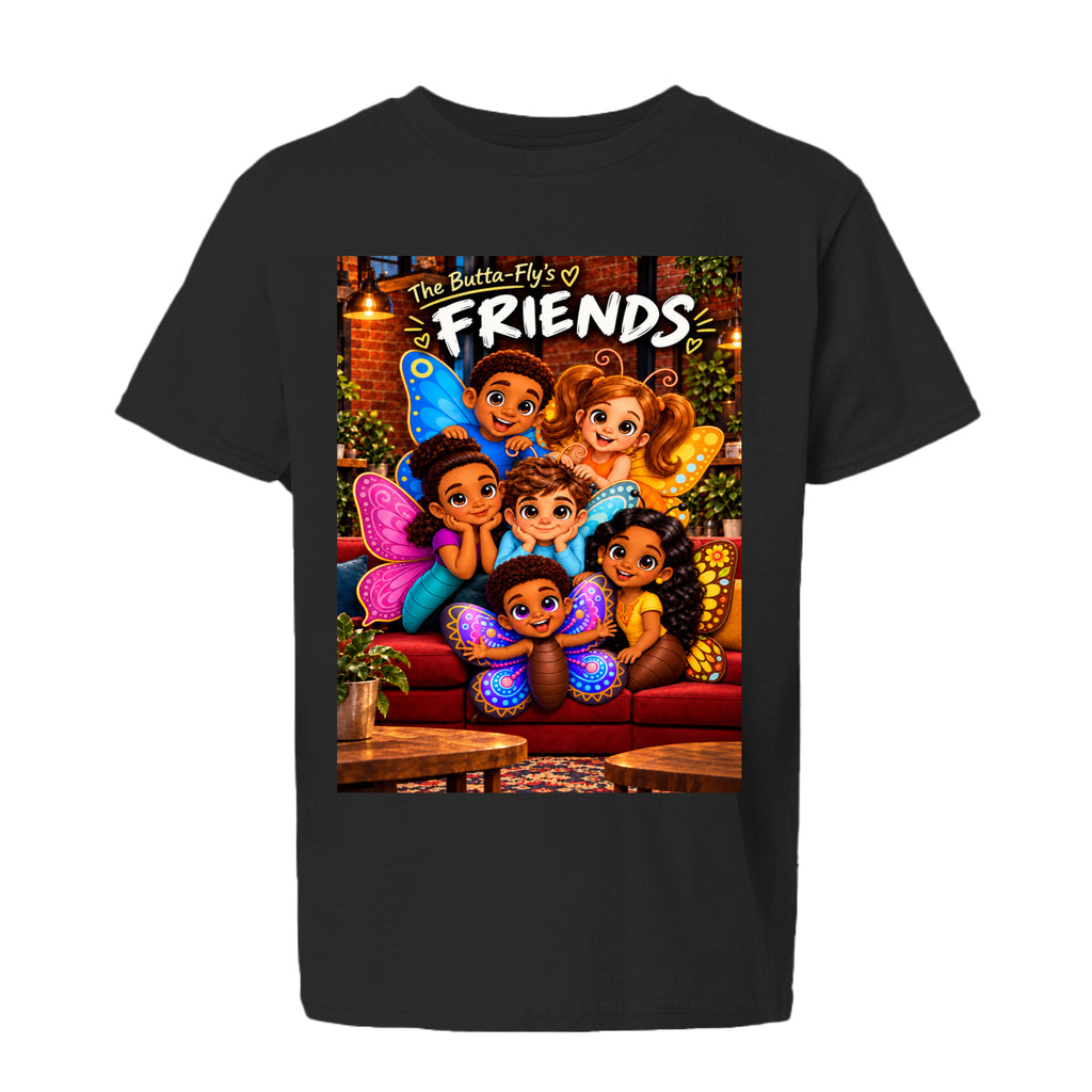 The Butta-Fly’s FRIENDS Flutterland kids graphic T-shirt featuring colorful butterfly characters gathered together in a cozy friendship scene