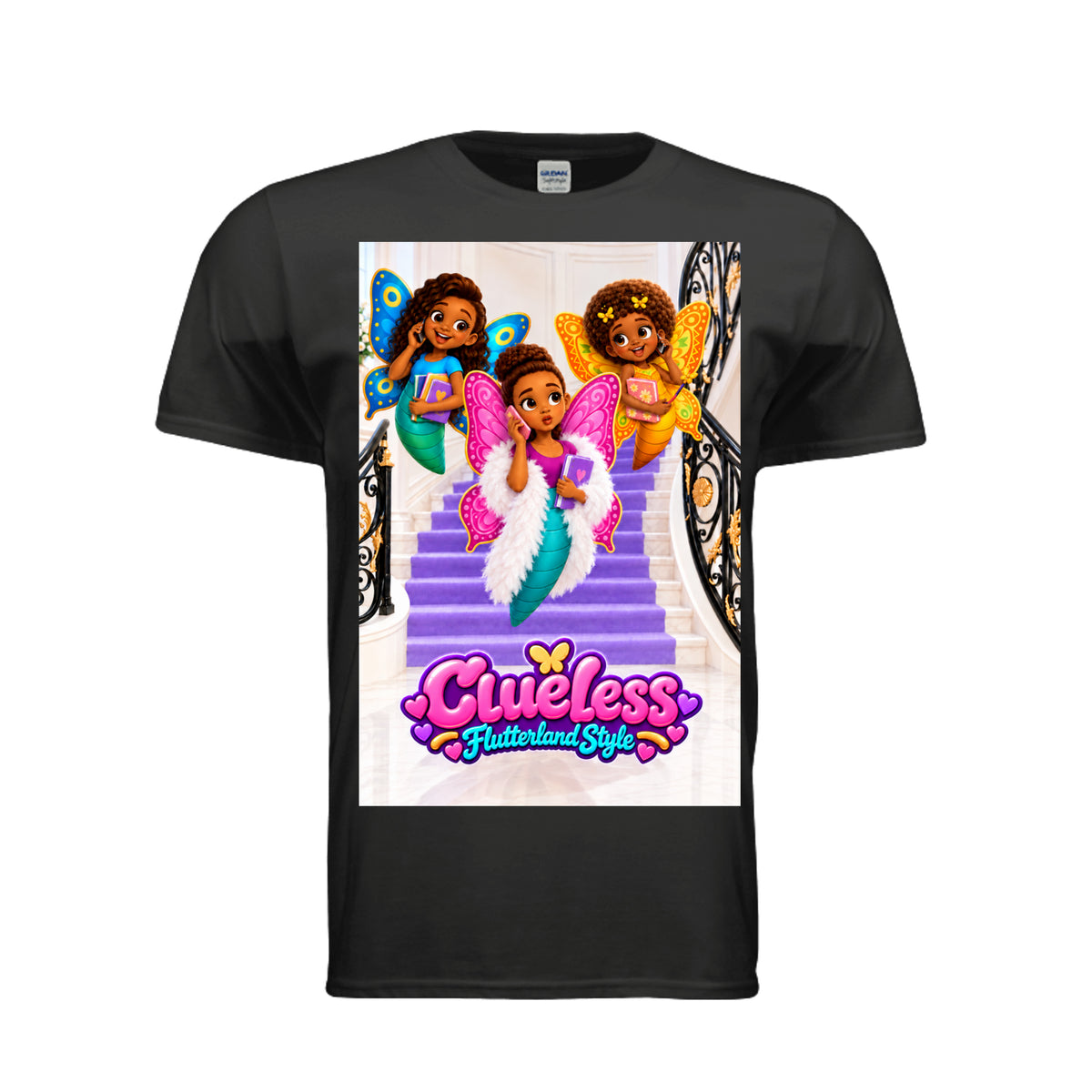 The Butta-Fly’s Clueless Flutterland Style adult graphic tee featuring three colorful butterfly characters on a glamorous staircase
