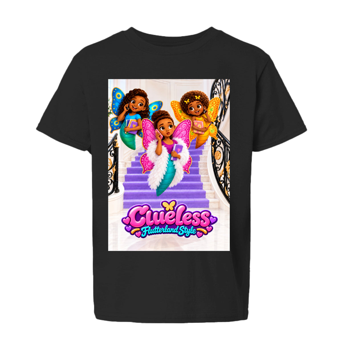 The Butta-Fly’s Clueless Flutterland Style kids graphic tee featuring three colorful butterfly characters on a glamorous staircase