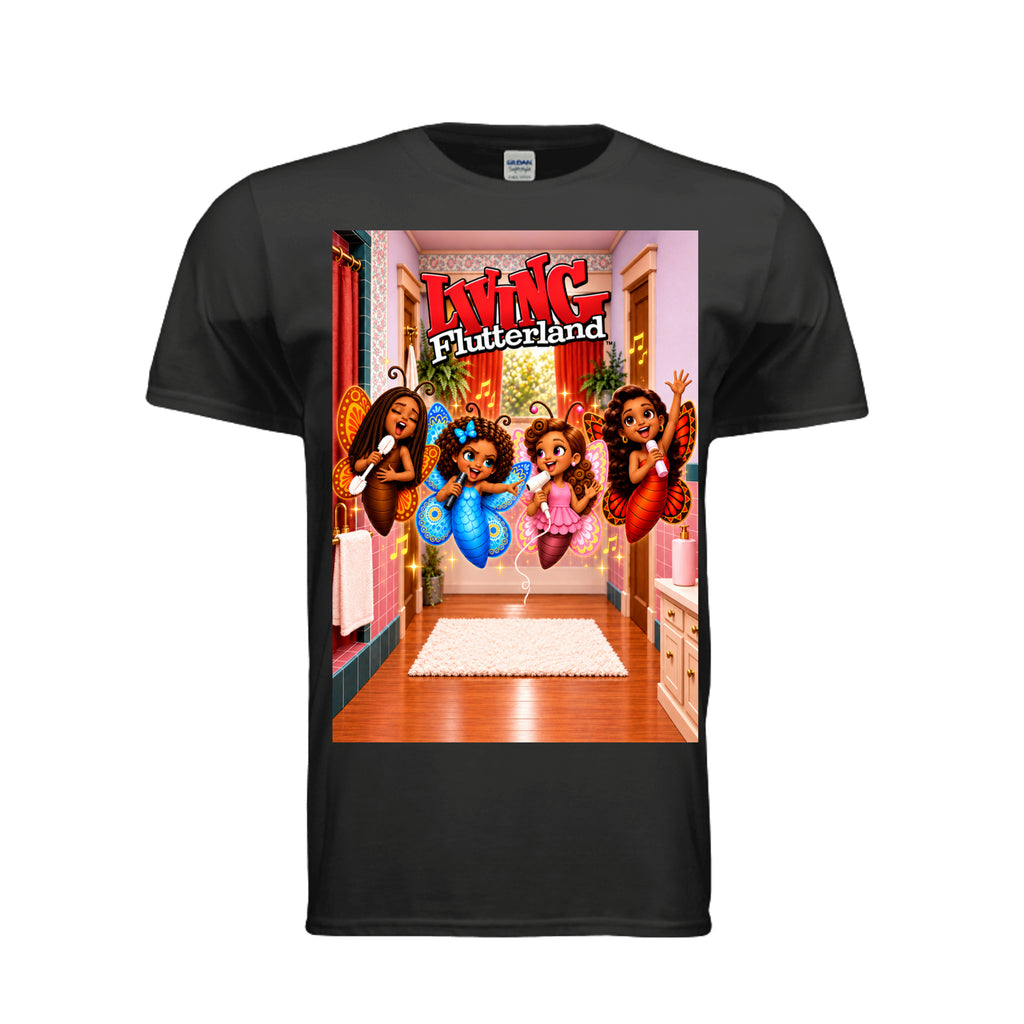 The Butta-Fly’s Living Flutterland adult graphic tee featuring four colorful butterfly characters singing together in a retro inspired home scene