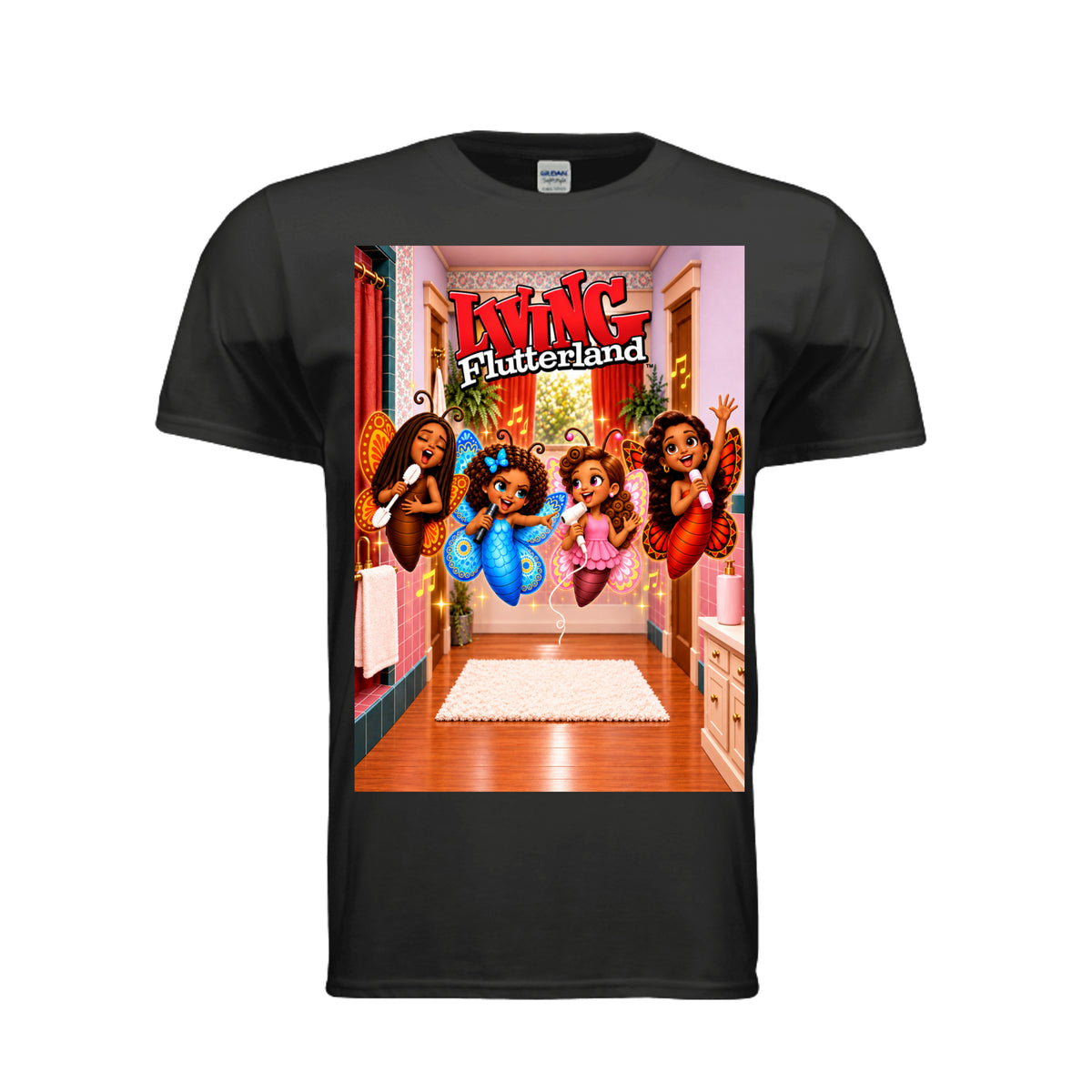 The Butta-Fly’s Living Flutterland adult graphic tee featuring four colorful butterfly characters singing together in a retro inspired home scene