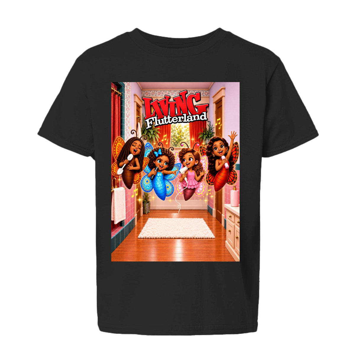 The Butta-Fly’s Living Flutterland kids graphic tee featuring four colorful butterfly characters singing together in a retro inspired home scene