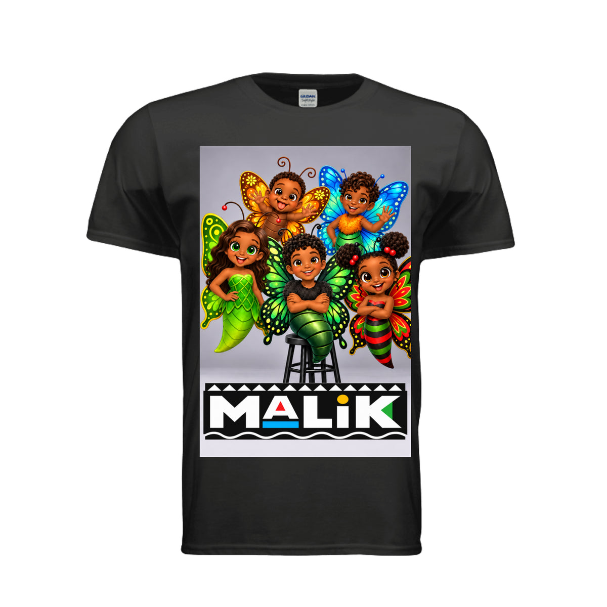 The Butta-Fly’s Malik Flutterland adult graphic tee featuring five colorful butterfly characters in a retro-inspired group portrait