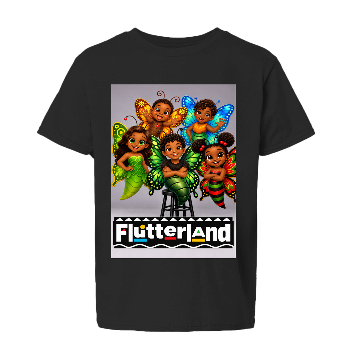 The Butta-Fly’s Malik Flutterland kids graphic tee featuring five colorful butterfly characters in a fun retro-inspired group portrait