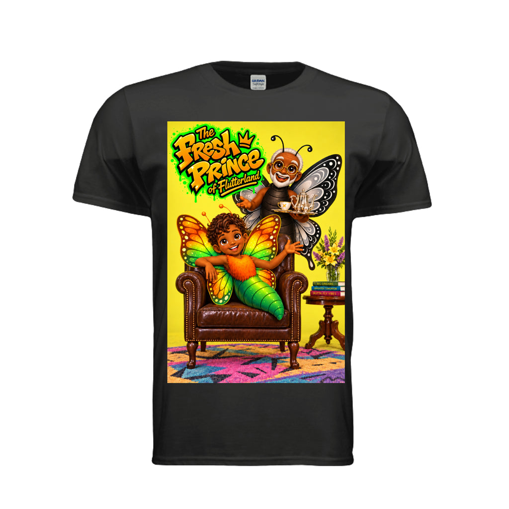 The Butta-Fly’s Fresh Prince of Flutterland adult graphic tee featuring two butterfly characters in a colorful retro inspired room