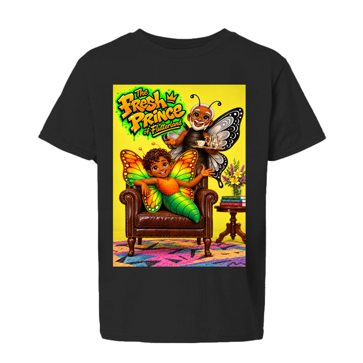 The Butta-Fly’s Fresh Prince of Flutterland kids graphic tee featuring two butterfly characters in a colorful retro inspired room