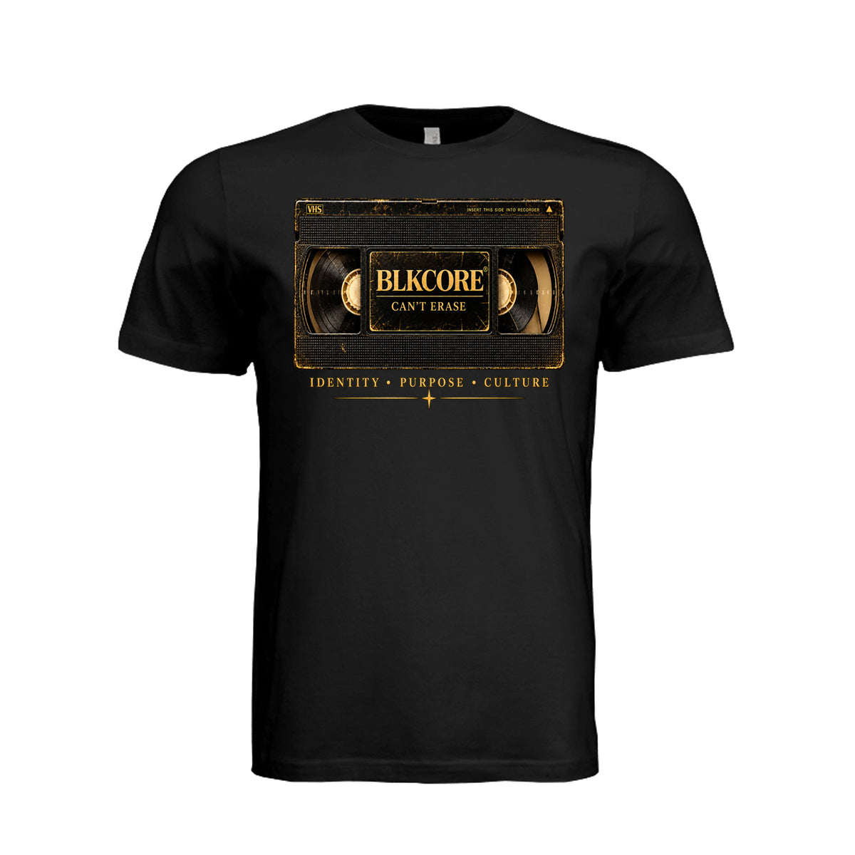 BLKCORE Can't Erase retro VHS graphic with black and gold cassette and Identity Purpose Culture statement